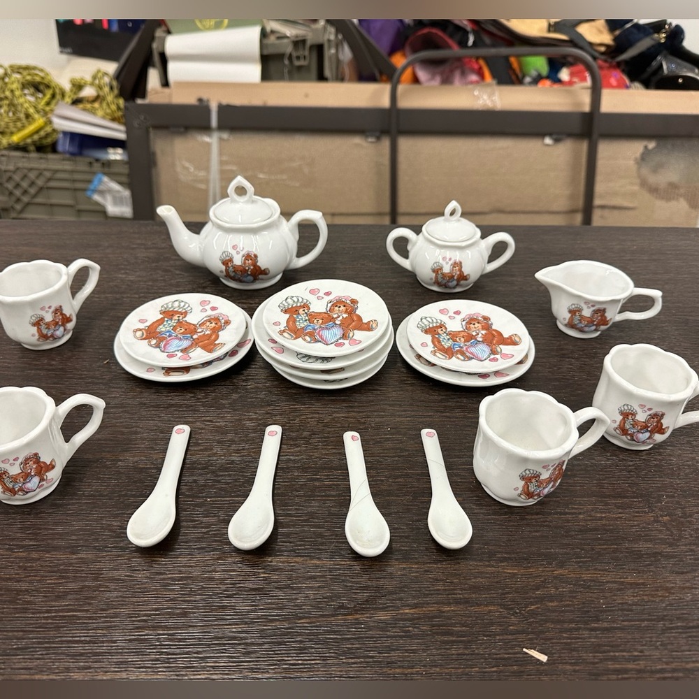 Vintage White Tea Set Made in Japan with Bear Design For Children